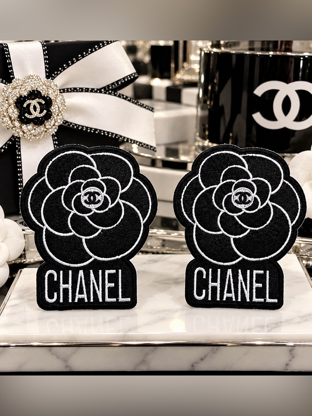 2-Iron on Black & White Camellia Embroidered fashion patches- set of 2